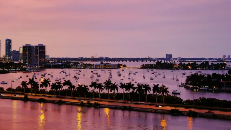 Una vista aérea del horizonte de Miami en Twilight, con reflejos de agua y palmeras.