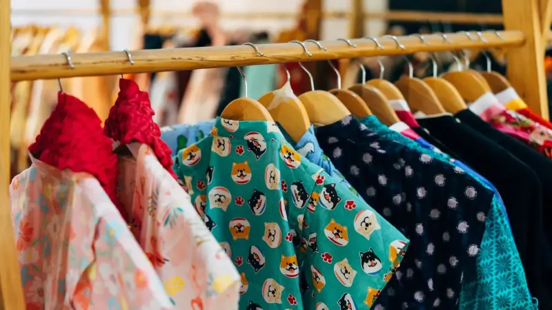 Ropa vibrante colgando de un estante de madera en una tienda boutique.