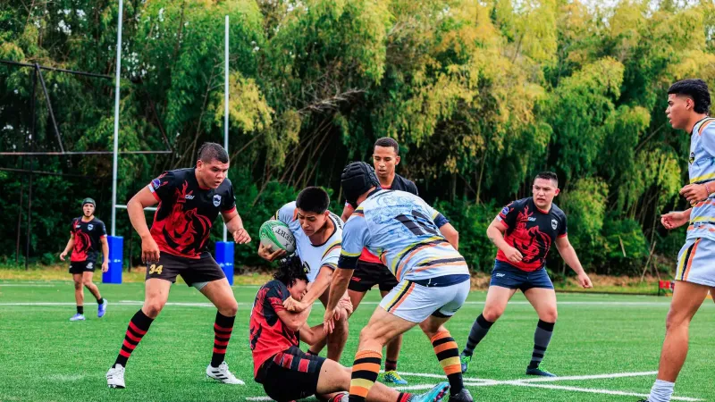 Juego de rugby lleno de acción con jugadores que abordan un campo verde.
