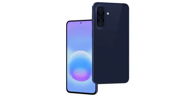 Galaxy A57 5G in Awesome Navy is shown from the side view to highlight the slim profile. The device turns around to show a close-up of the back side with the camera bump with Triple Camera