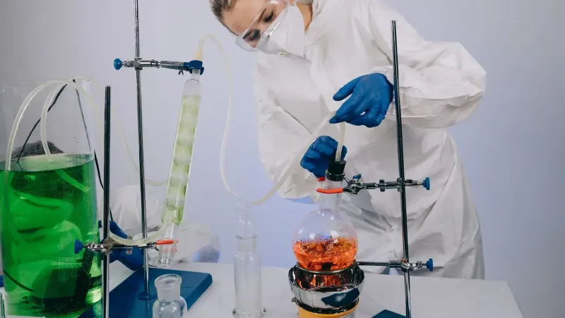 Un científico realiza un experimento químico en un laboratorio con equipo de protección completo, ilustrando la ciencia moderna.