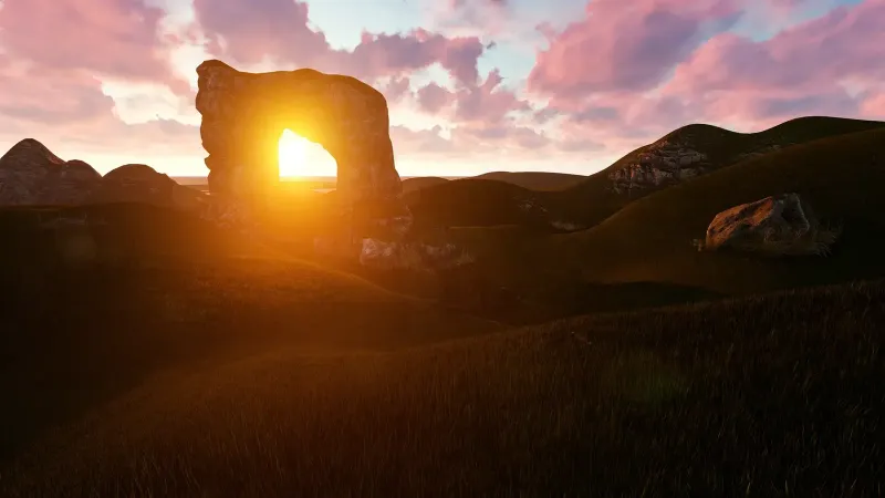 Impresionante vista al atardecer a través de un arco de roca natural en un paisaje cubierto de hierba bajo un cielo vibrante.