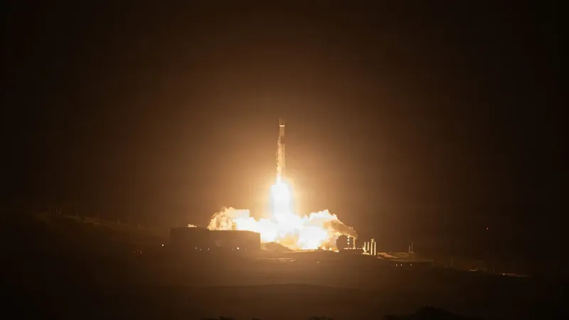 A Falcon 9 rocket carrying the Starlink 17-14 mission launches from Space Launch Complex 4 East at Vandenberg Space Force Base, Calif., April, 2026.