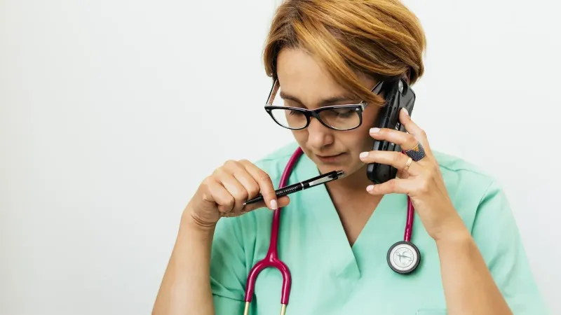 Doctora enfocada con anteojos y estetoscopio hablando por teléfono para consulta médica.