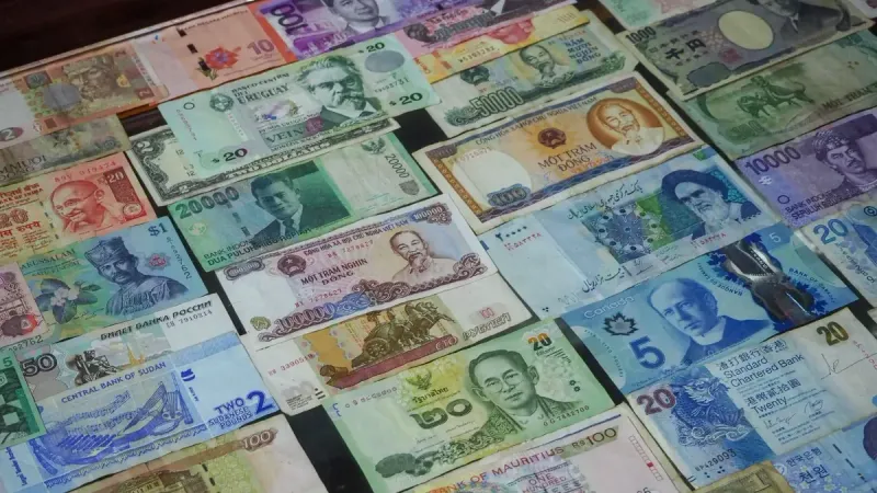 From above collection of various colorful banknotes from different countries arranged in row on table