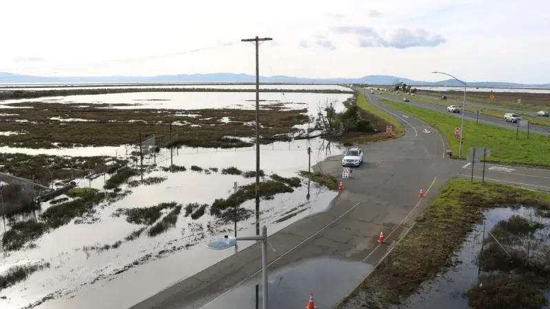 Camino costero parcialmente inundado con coche estacionado, pantano y poste de servicios públicos