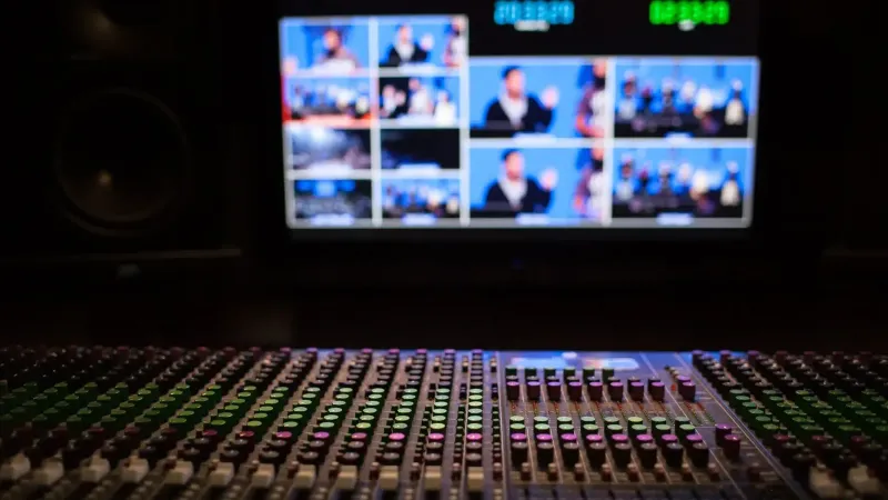 Close-up of a sound mixer with screens displaying video feeds in a professional studio setup.