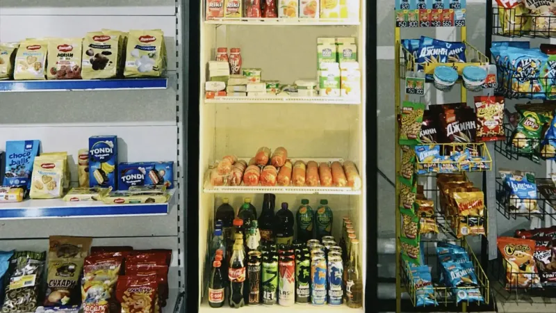 Una selección de bocadillos y bebidas envasados que se muestran en una tienda de Kazajstán que muestra diversas marcas.