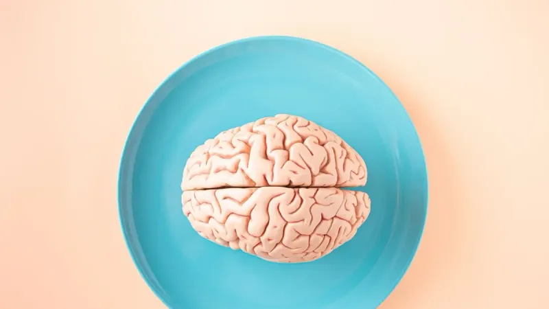 A human brain model placed on a blue plate, viewed from above against a pastel background.