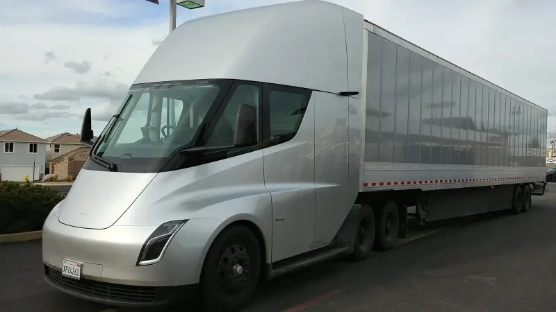 A silver Tesla Semi in Rocklin, California
