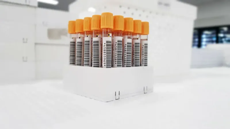 Tubos de ensayo de muestras de sangre con códigos de barras organizados en un laboratorio.