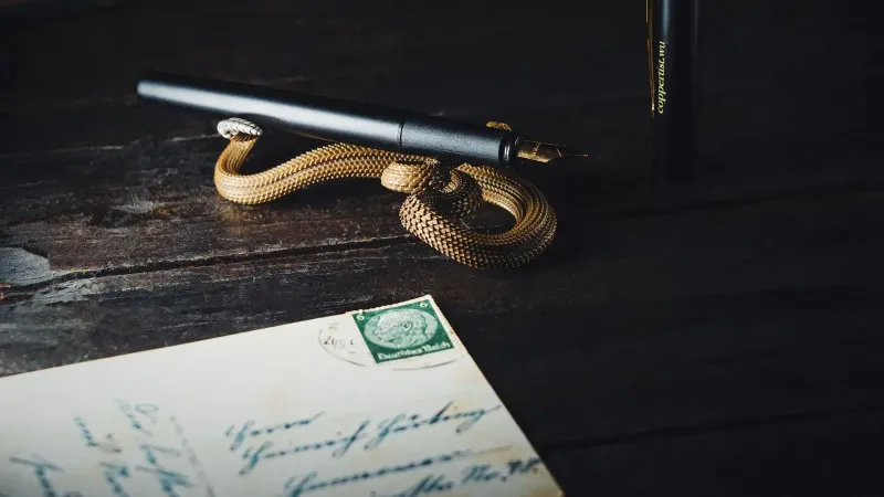 Una elegante pluma estilográfica negra encaramada elegantemente en un portalápices con forma de serpiente con postales vintage en un escritorio de madera.
