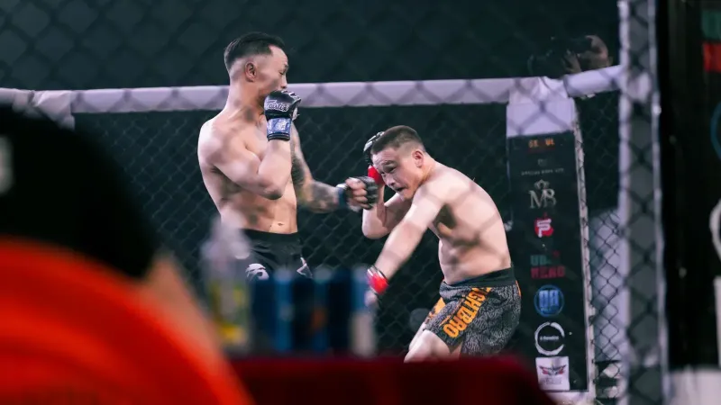 Two MMA fighters engaging in a fierce match inside a caged octagon ring, showcasing martial arts skills.