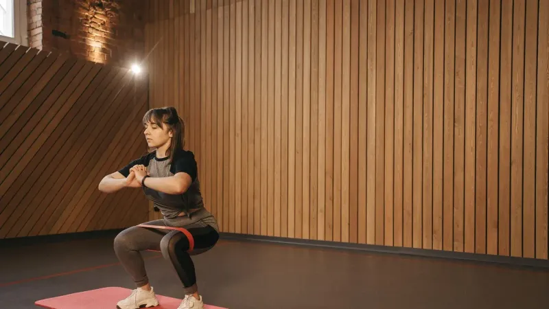 Young woman exercises indoors with resistance band on mat for fitness