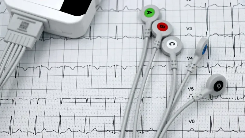 Close-up de ECG Monitor lleva en un cardiograma impreso, que muestra los diagnósticos de salud del corazón.