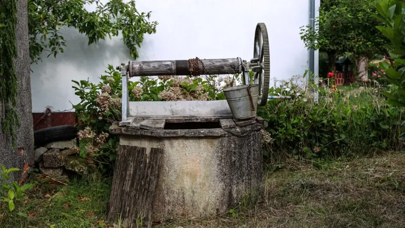 Un encantador pozo de piedra antiguo con un cubo de metal en medio de un exuberante jardín verde.