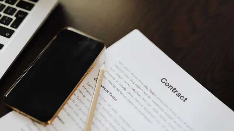 Close-up de un documento de contrato junto con un smartphone y una laptop, ideal para conceptos de negocio.