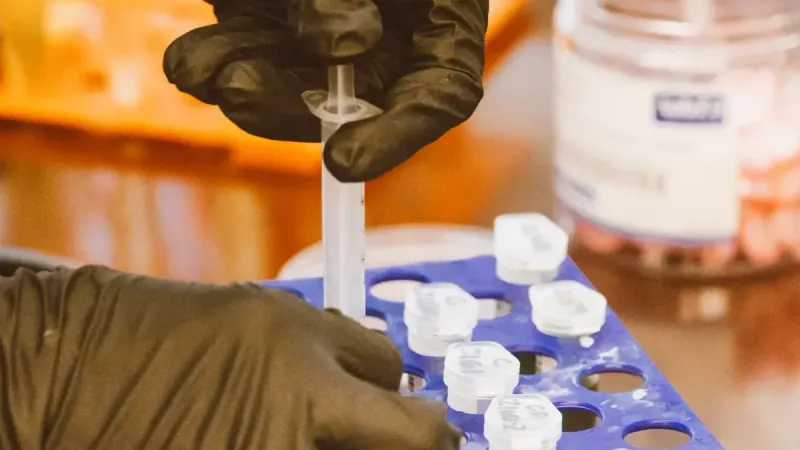 Close-up de manos enguantadas con jeringa para un trabajo preciso en un entorno de laboratorio.