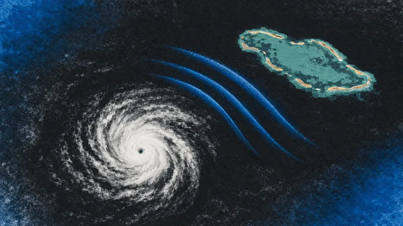 Una espiral nubosa blanca y un arrecife irregular turquesa están separados por tres bandas curvas azules sobre un océano oscuro texturizado.
